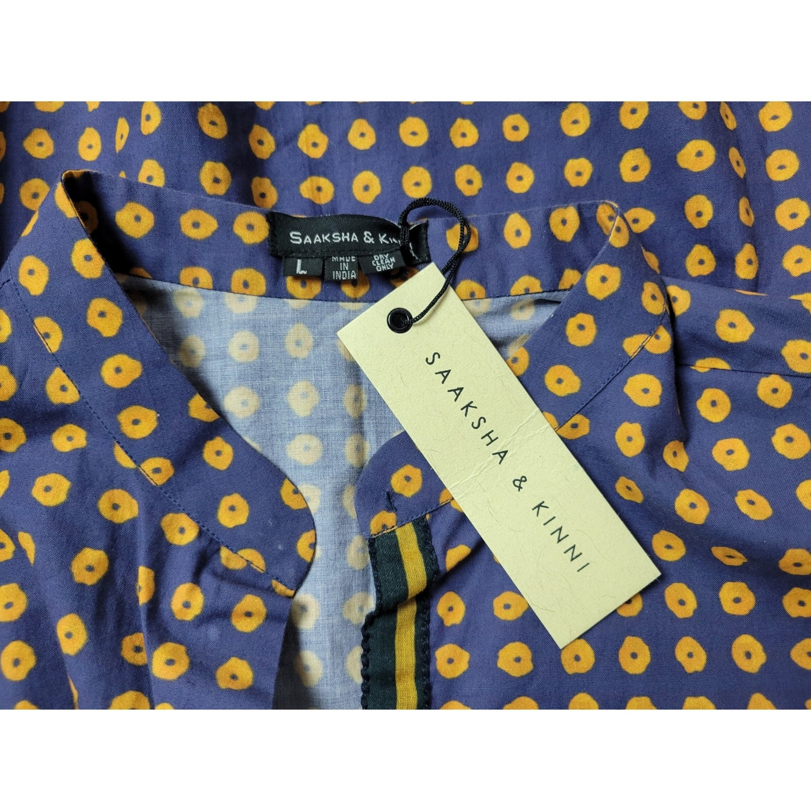 Saaksha & Kinni Indigo Gold Polka Dot Mandarin Collar Button Down Shirt Blouse L — image 4 of 8
